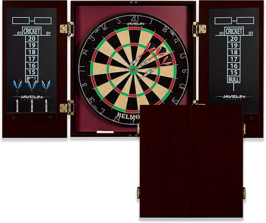 Official Size Dart Board Cabinet Set- Easy-Assembly & Complete with 6 Deluxe Steel Tip Darts and Accessories -Premium Darts Set with Scoreboard for Bar Games & Indoor Games