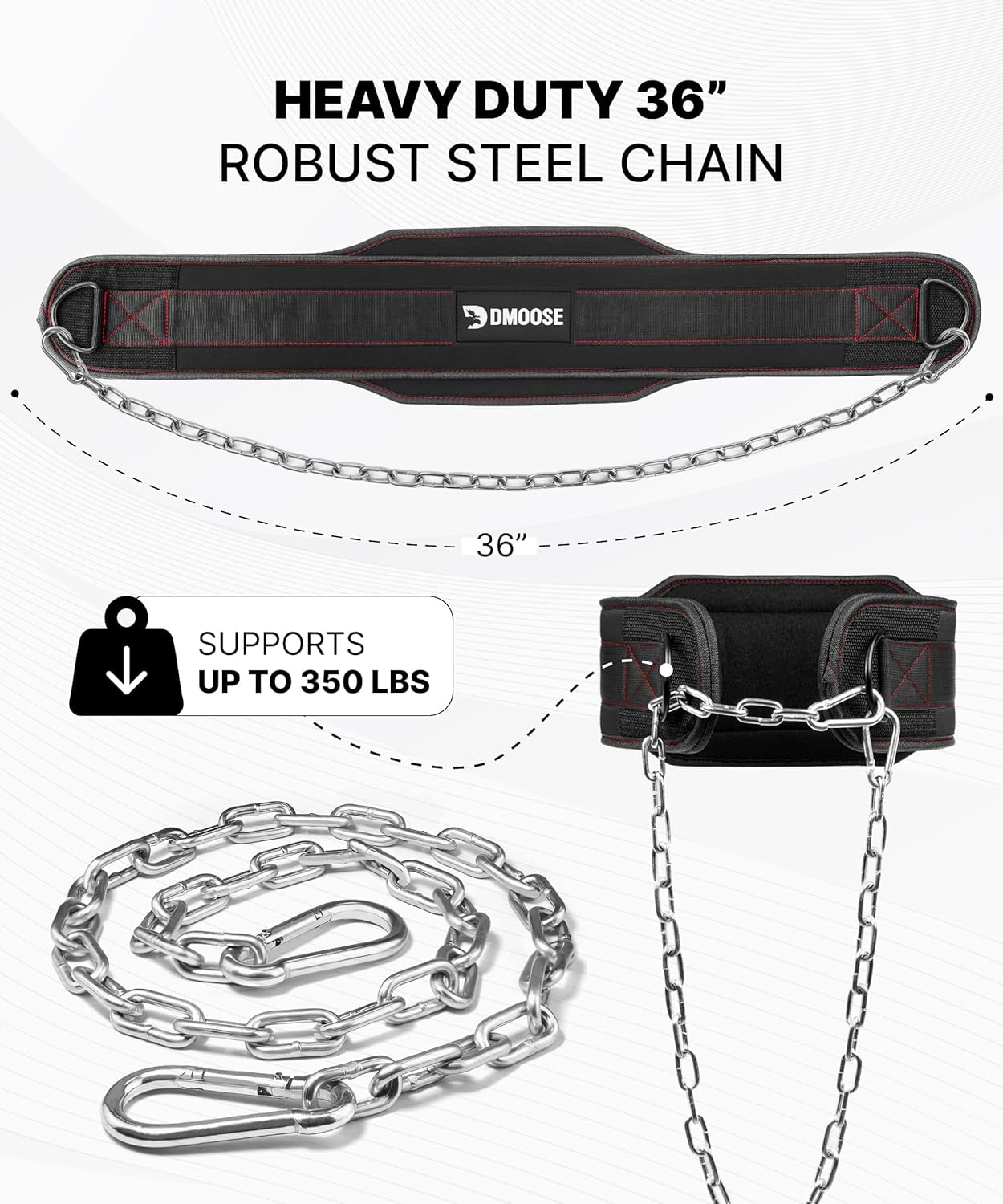 Dip Belt for Weight Lifting, Pullup, Squats & Dips - 36" Robust Steel Chain, Comfortable Neoprene Padding Supports 350Lbs - Gym Weight Belt for Strength Training Workout & Weightlifting